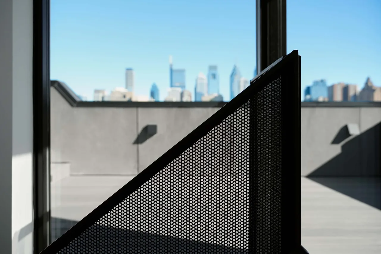 Black mesh metal railing on an outdoor staircase with city skyline view behind a rooftop terrace.