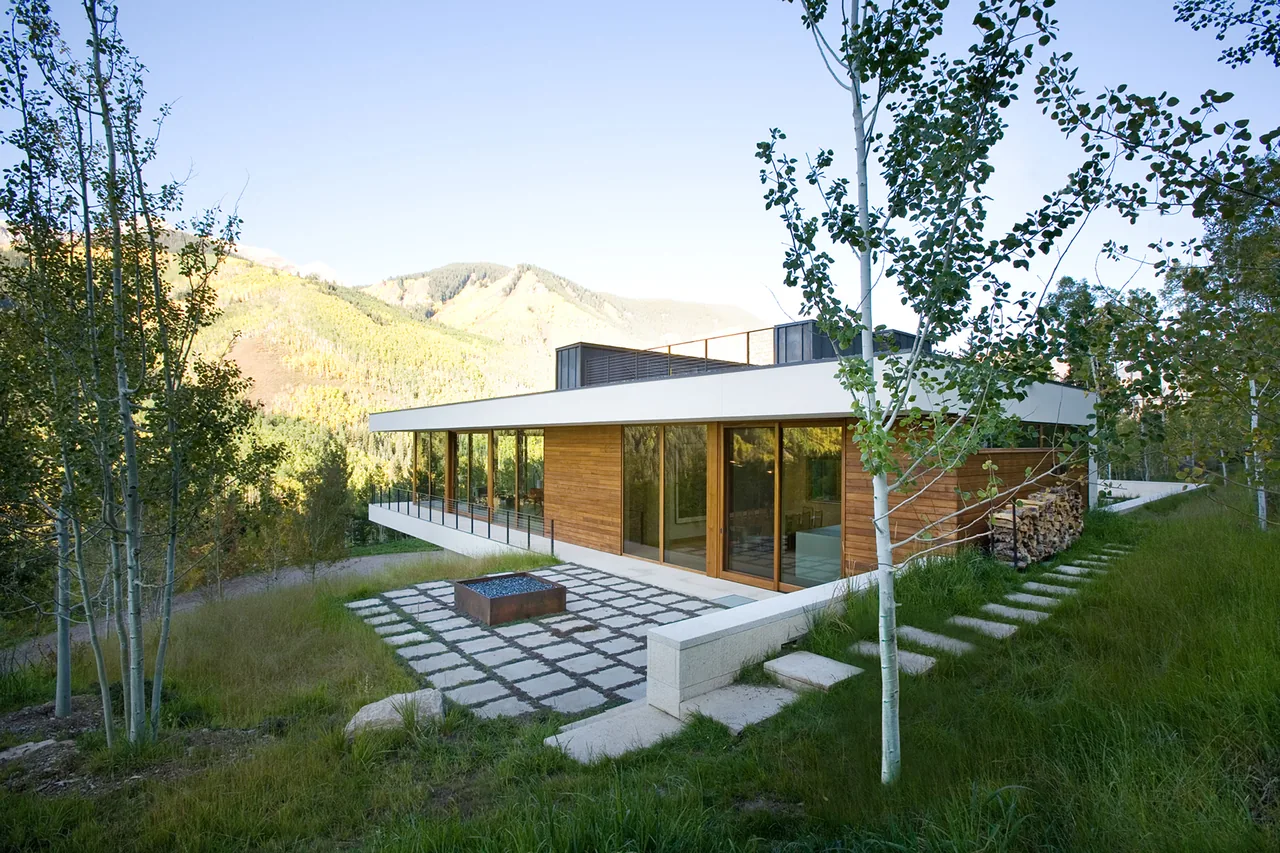 The Linear House features wood siding, floor-to-ceiling glazing, and a flat roof with mountain views.