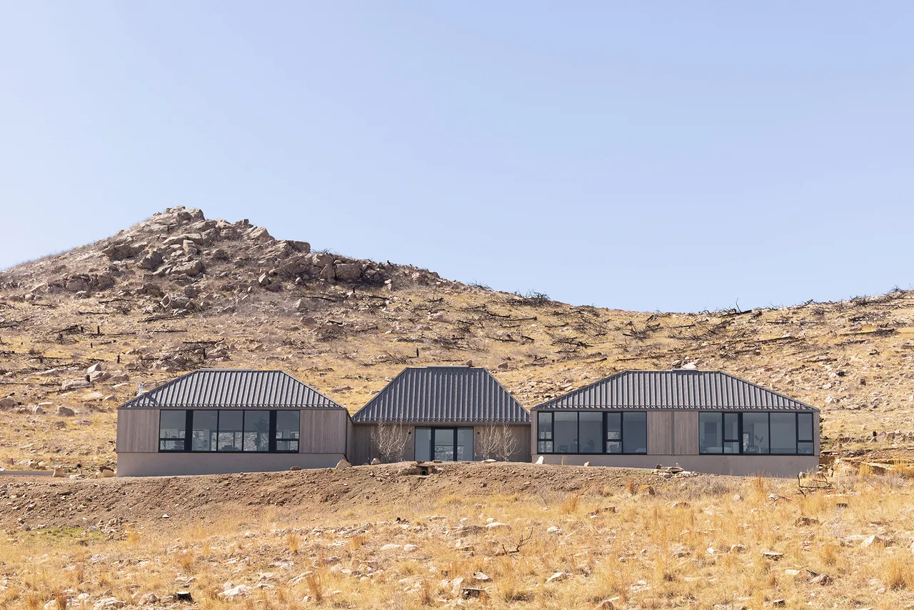 Mountain Ridge project by Piché Architecture features three buildings with metal roofs and wood siding against a mountain backdrop.