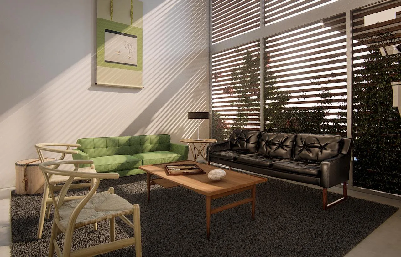 Living room featuring a green and a black leather sofa facing a wooden coffee table near a window with horizontal wooden slats.