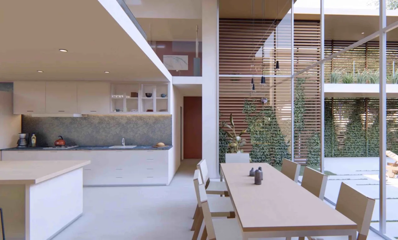 The Wilton House features a modern kitchen and dining space with large glass walls and wood slat screens for privacy and aesthetics.