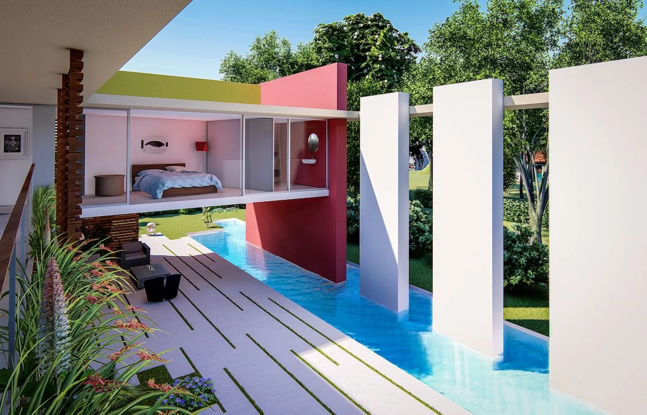 Cantilevered bedroom with floor-to-ceiling glass walls opens above a linear water feature beside outdoor seating at Wilton House.