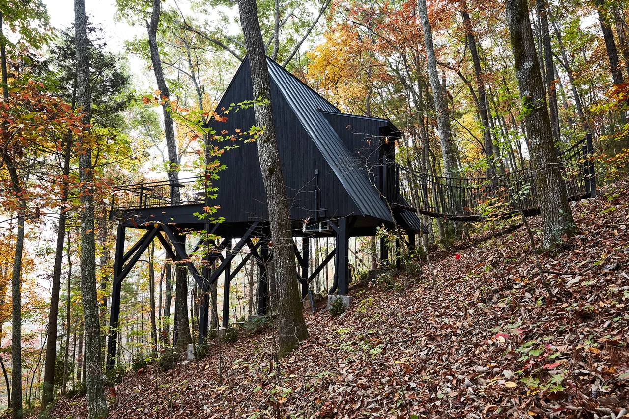 A-Frame Treehouse by Summerour & Associates Architects Inc. stands elevated among fall foliage connected by a narrow wood and metal bridge.