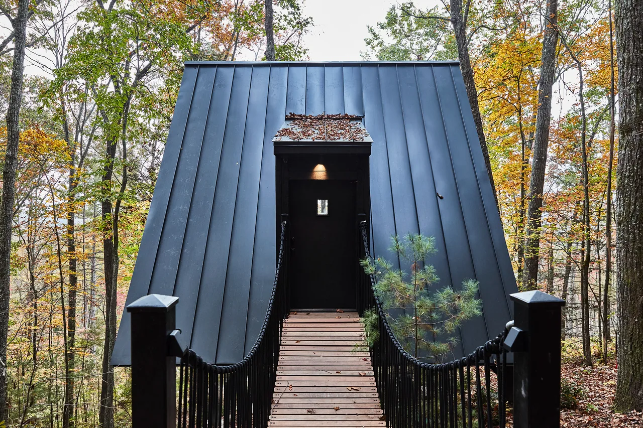 A-Frame Treehouse with black metal standing seam roof accessed by a narrow wooden bridge with black railing.