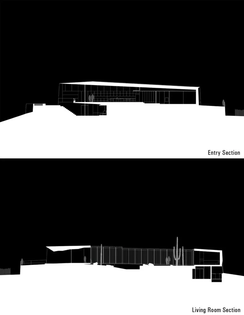 Section drawings of the Desert Courtyard House showing entry and living room areas with modern flat roof design.