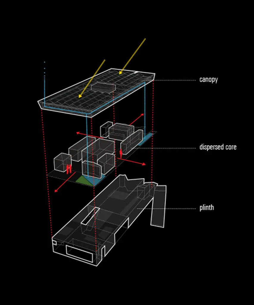 Exploded axonometric diagram illustrates the layered architectural concept of the Hidden Valley Desert House.