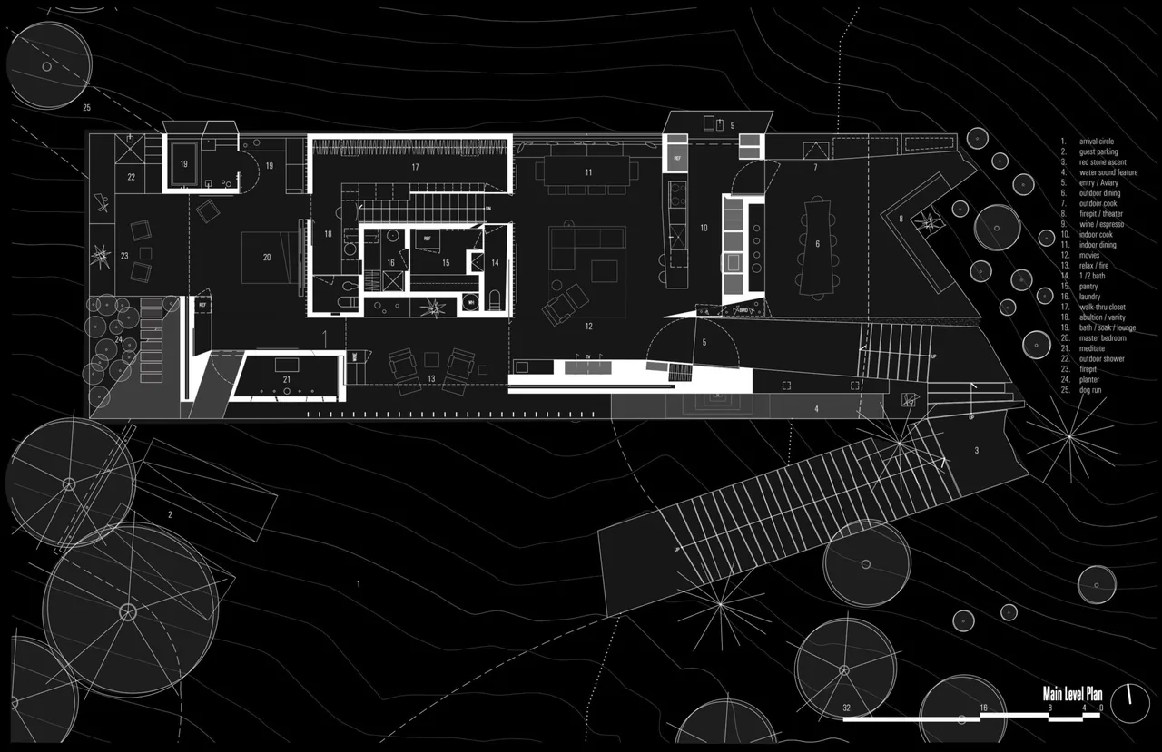 Main level floor plan of Hidden Valley Desert House showing layout of rooms and outdoor areas.