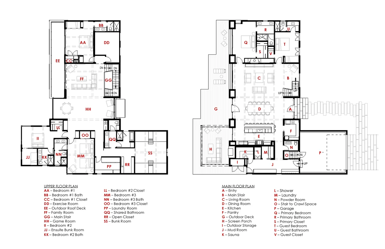 Floor plans for the Whitefish Lakehouse include an upper floor with bedrooms and a family room, plus a main floor with living, dining, kitchen, and outdoor deck spaces.