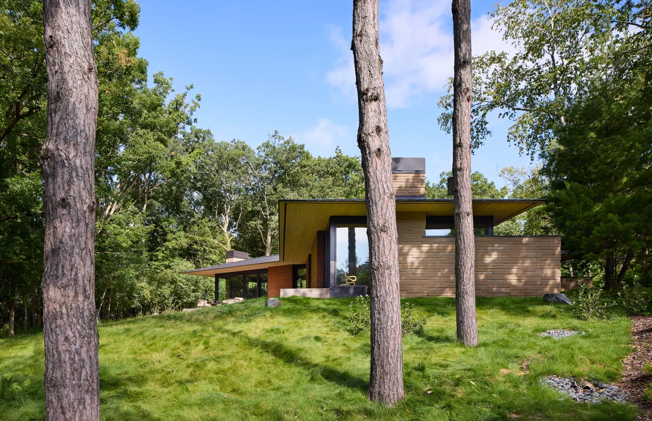 kYodai by Imprint Architecture and Design features a low horizontal form with extended roof overhang in a forest setting.