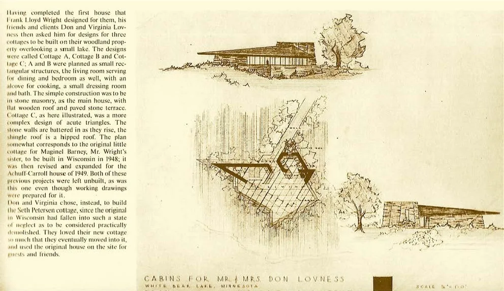 Hand-drawn architectural sketches show a cabin with a flat or low-hipped roof and stone walls, placed within a natural, wooded site.