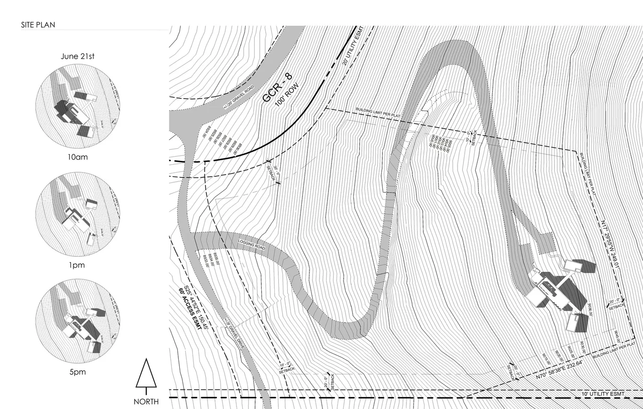 Site plan for project GCR-8 showing road access, building locations, and topographic contours.
