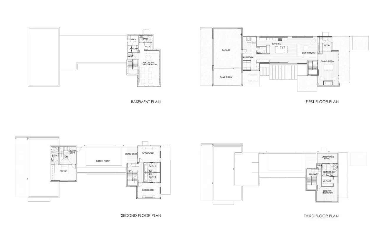 Architectural floor plans for the RiNo residence depict layout details for each floor of the house.