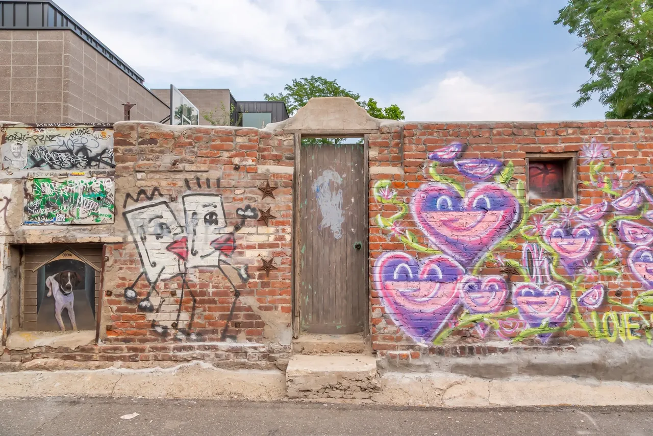 Brick wall featuring vibrant graffiti and a small wooden door with a dog in a doghouse on the left side.