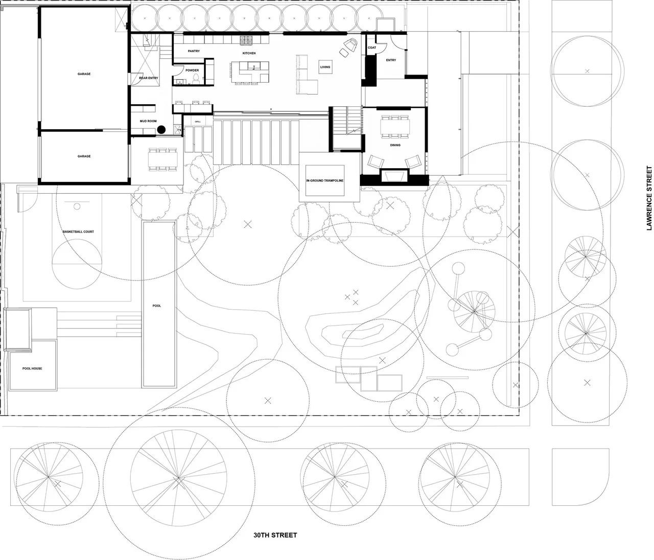 Floor plan of the RiNo residence with multiple indoor rooms and outdoor recreational areas.