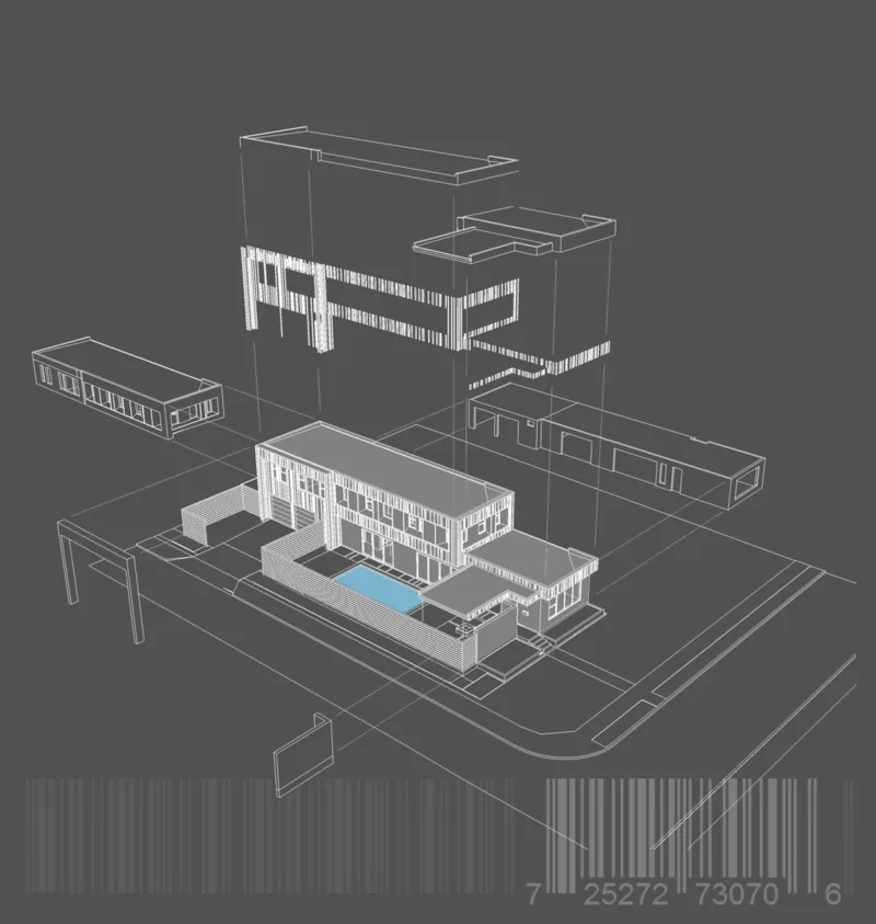 Wireframe rendering of project:Barcode showing external form, pool, and barcode graphic in abstract layout.