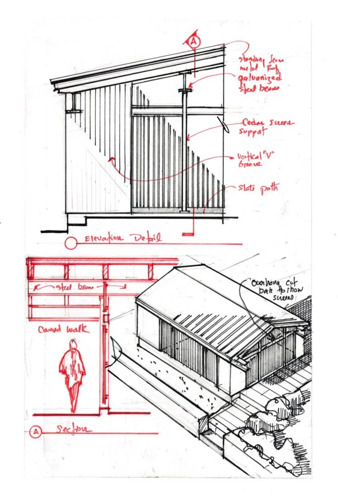 Architectural sketches detail a sloped roof pavilion with vertical wood slat screens and a stone walkway, highlighting structure and materials.