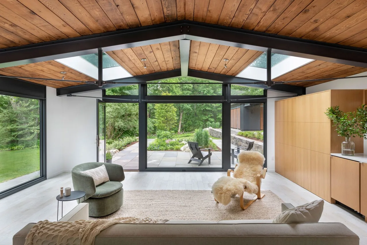 The living room features a vaulted wood ceiling with skylights and black-framed glass walls opening to a garden patio with stone paving.