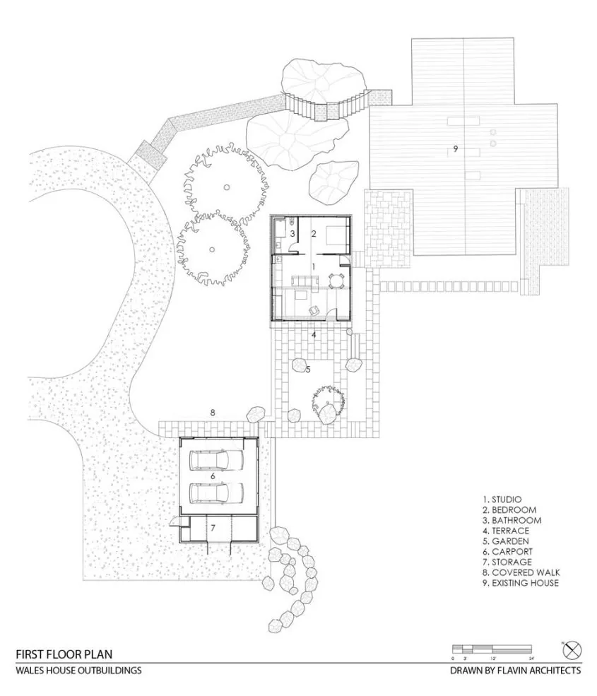 First floor plan showing studio, bedroom, bathroom, terrace, garden, carport, storage, covered walk, and existing house footprint.