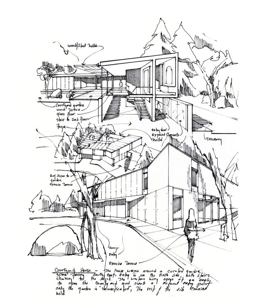 Architectural sketches of Noanet Woods Modern house featuring courtyard and exterior design concepts by Flavin Architects.