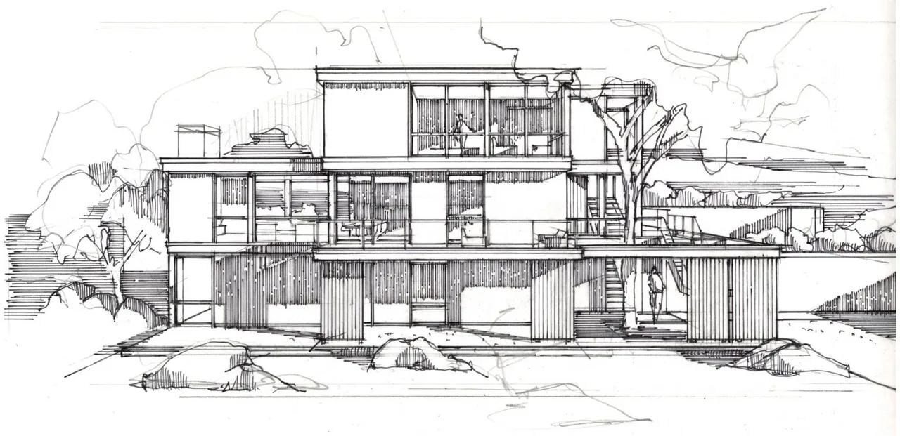 Sketch of Tidal Marsh Overlook showing a multi-level modern home with extensive glazing and vertical wood siding.