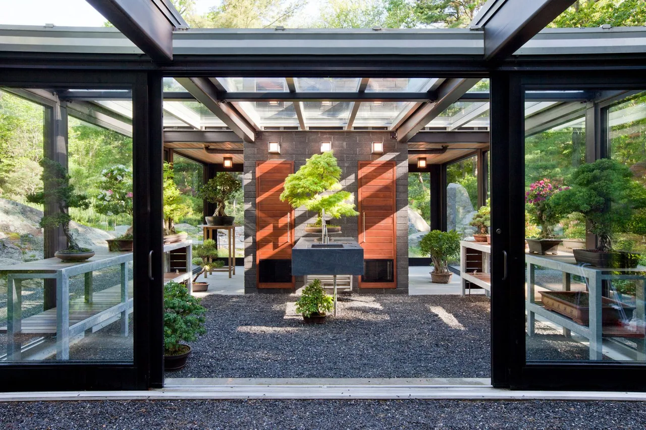 Bonsai greenhouse featuring glass walls and roof with gravel floor and metal tables for plants.