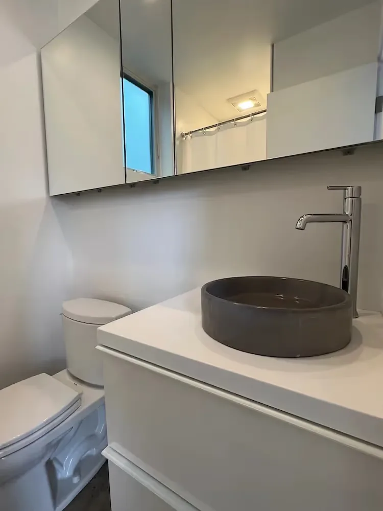 Bathroom features a white vanity with a gray vessel sink and chrome faucet under mirrored cabinets.