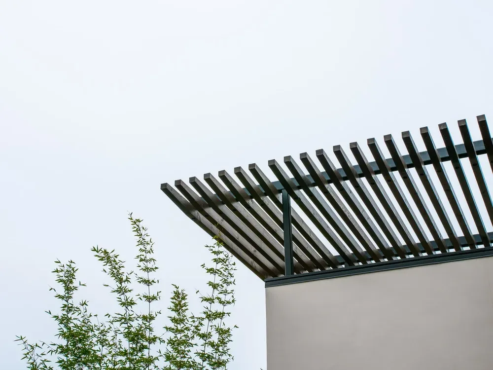 The Edinberg Residence features a cantilevered pergola with blackened steel beams above an exterior wall.
