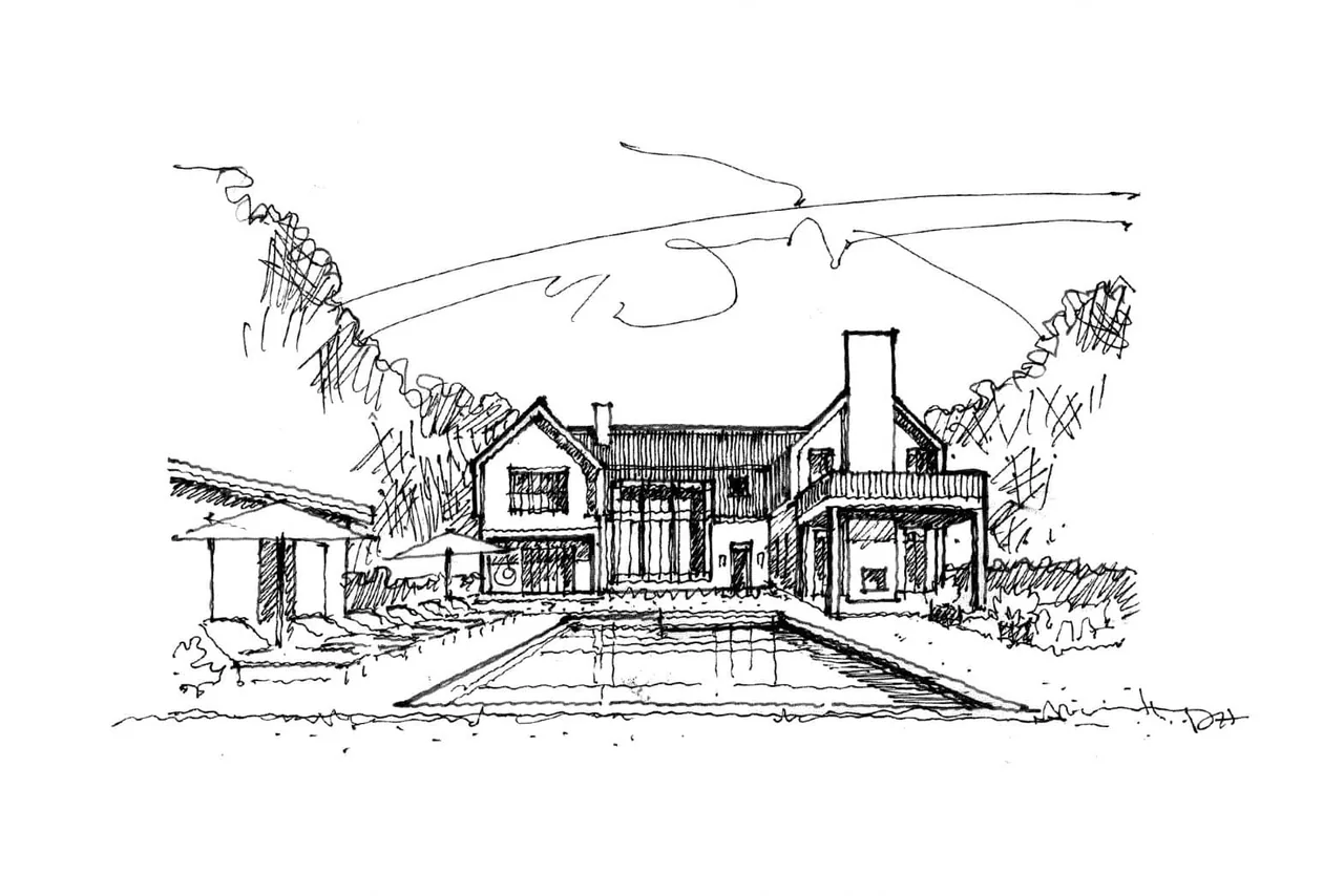 Sketch of Amagansett House featuring a symmetrical facade with double chimneys and poolside lounge area.