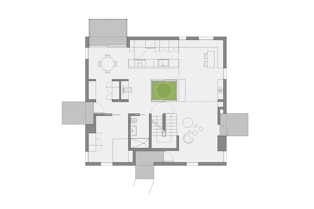 Floor plan of the Grow Box project showing the main level layout with an interior courtyard and key living spaces.