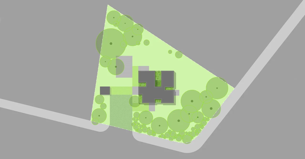 Site plan of the Grow Box project depicting the building placement and surrounding trees and landscape.