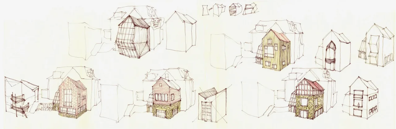 Sketches of small houses with pitched roofs featuring varied siding and window designs.