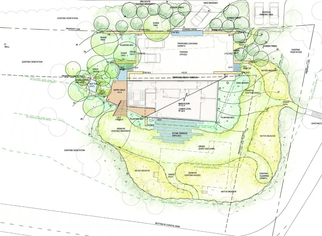 Site plan for Miter Point project by LDa Architecture & Interiors showing landscaping, building footprint, and site features.