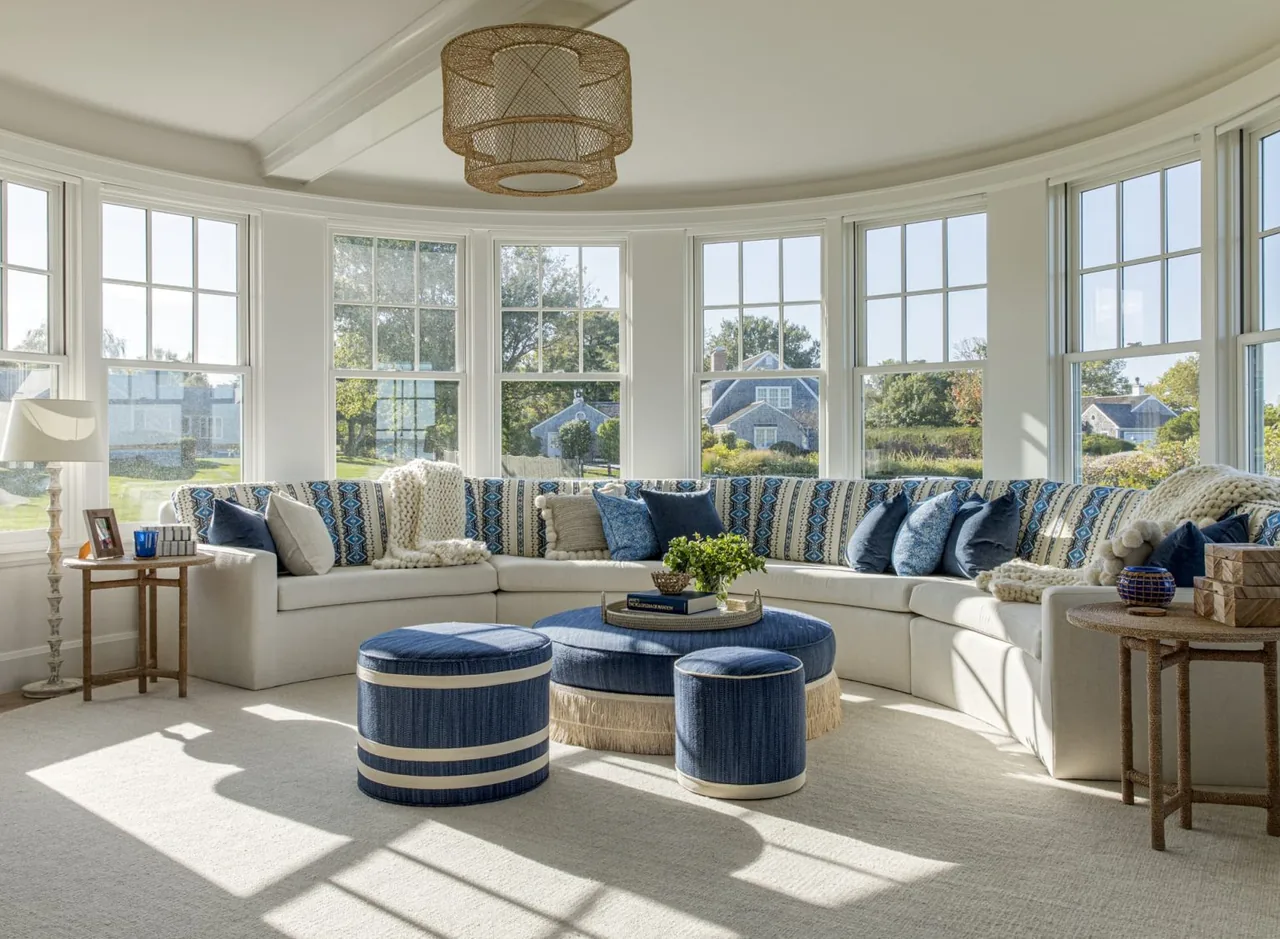 Living room features a large curved sectional sofa beneath multiple divided lite windows with a woven chandelier overhead.
