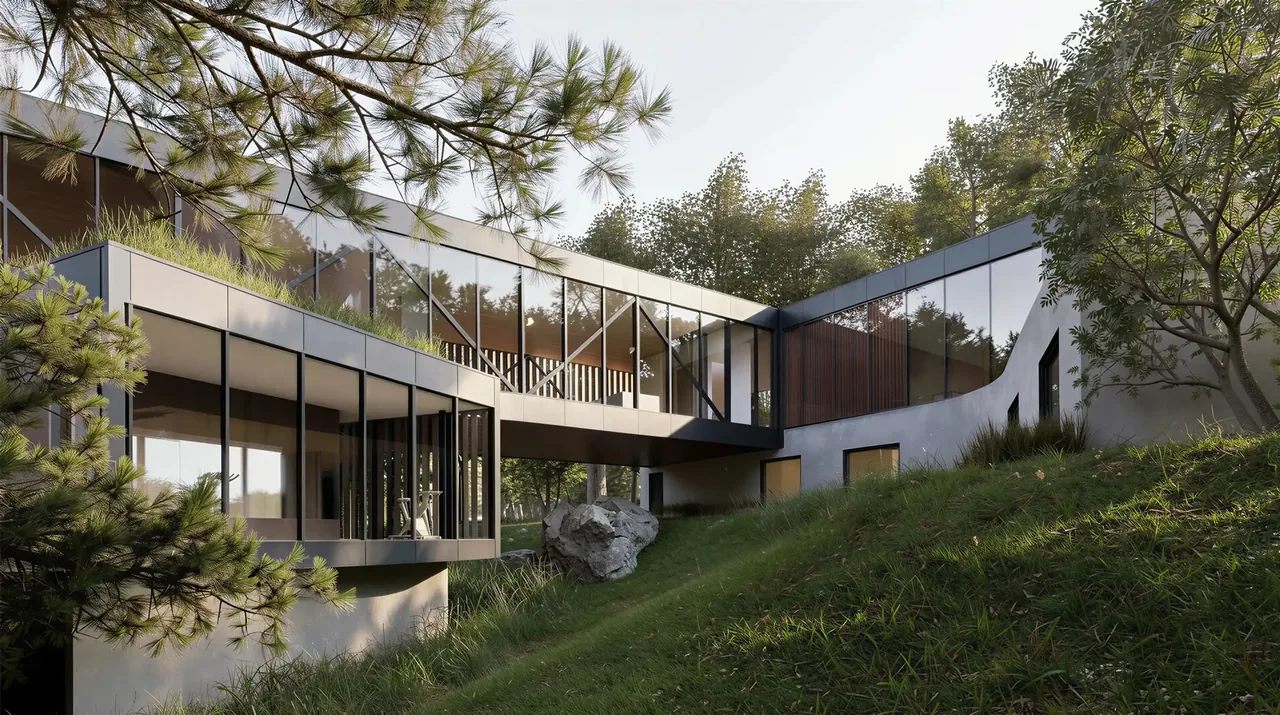 Lakeside House by Collective Office features black metal framing and expansive glazing amid natural landscaping.
