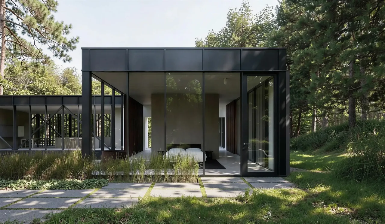 Lakeside House features floor-to-ceiling glass walls and black metal framing amidst natural landscape.