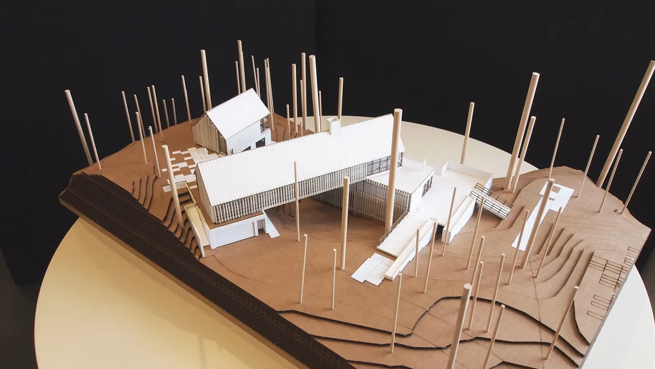 Physical architectural model of a modern house featuring multiple gabled roofs on a topographical base with vertical rods representing trees.