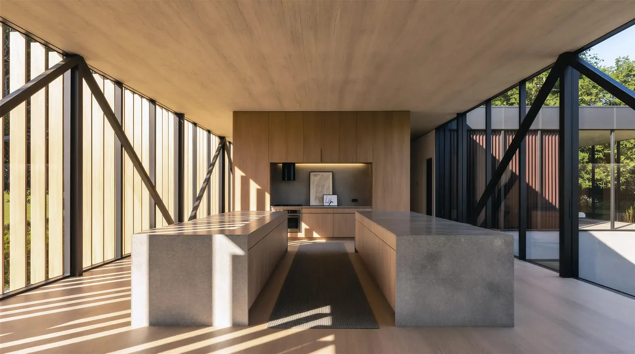 Kitchen featuring two large concrete islands, vertical wood slat windows, and black metal framing in the Lakeside House project.