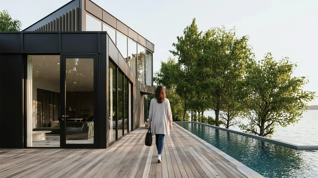 Lakeside House features an open deck with floor-to-ceiling glass windows and an elongated pool beside the lakeside facade.