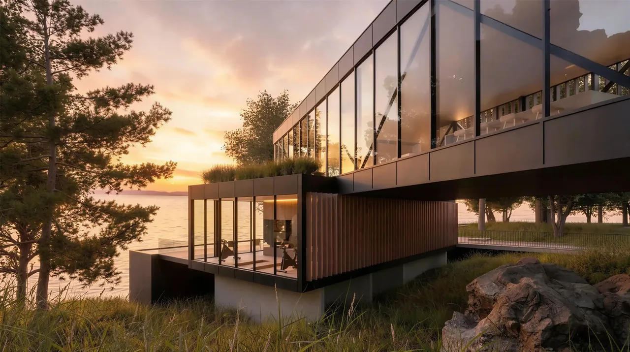 Lakeside House by Collective Office features expansive glass facades and a cantilevered upper floor for lake views.