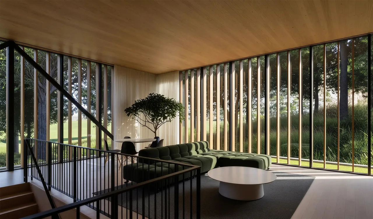Lakeside House living room featuring vertical wood slat glazing and integrated landscape views by Collective Office.