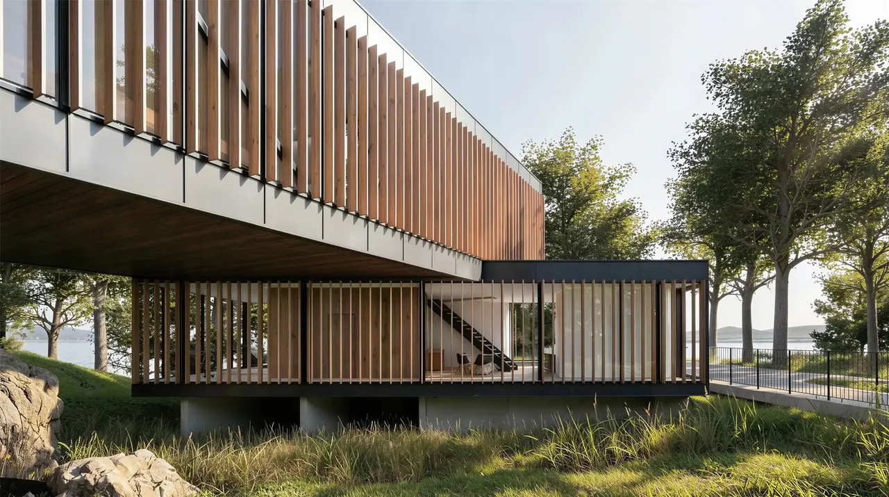 Lakeside House features a modern design with vertical wood slat facade and an open ground level overlooking the landscape near water.