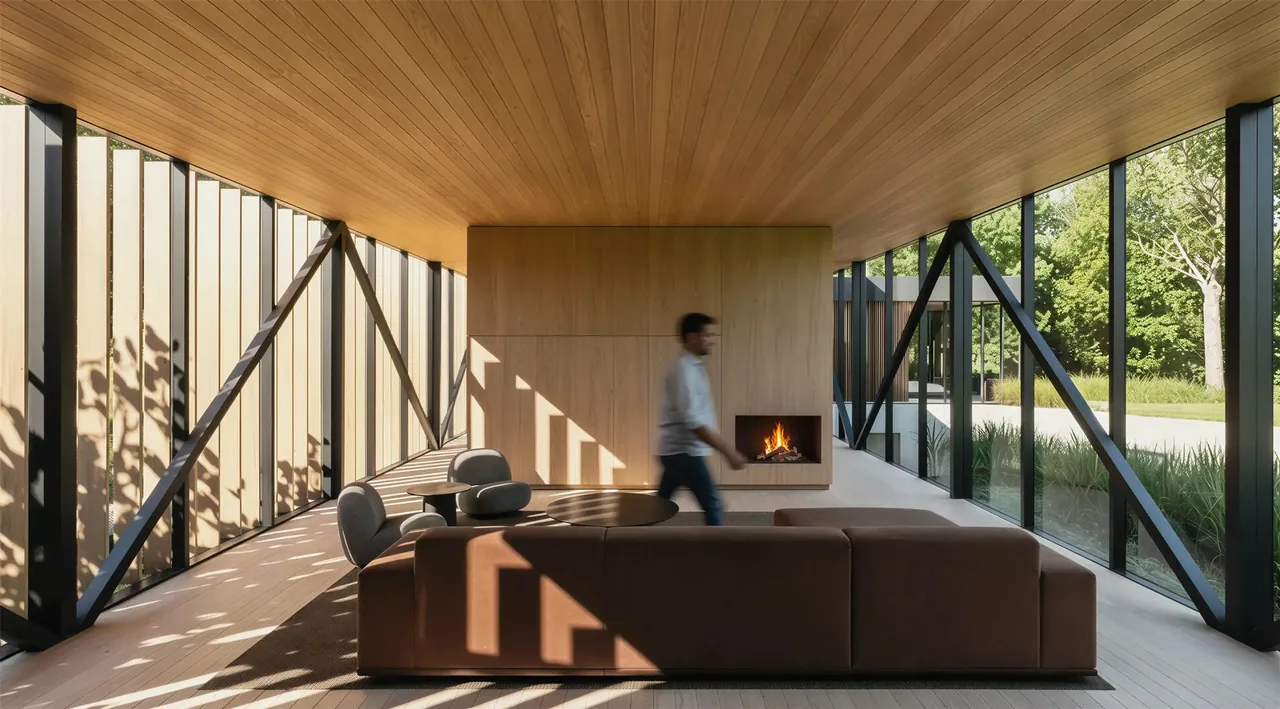 Lakeside House living room features floor-to-ceiling glazing and a modern linear fireplace.