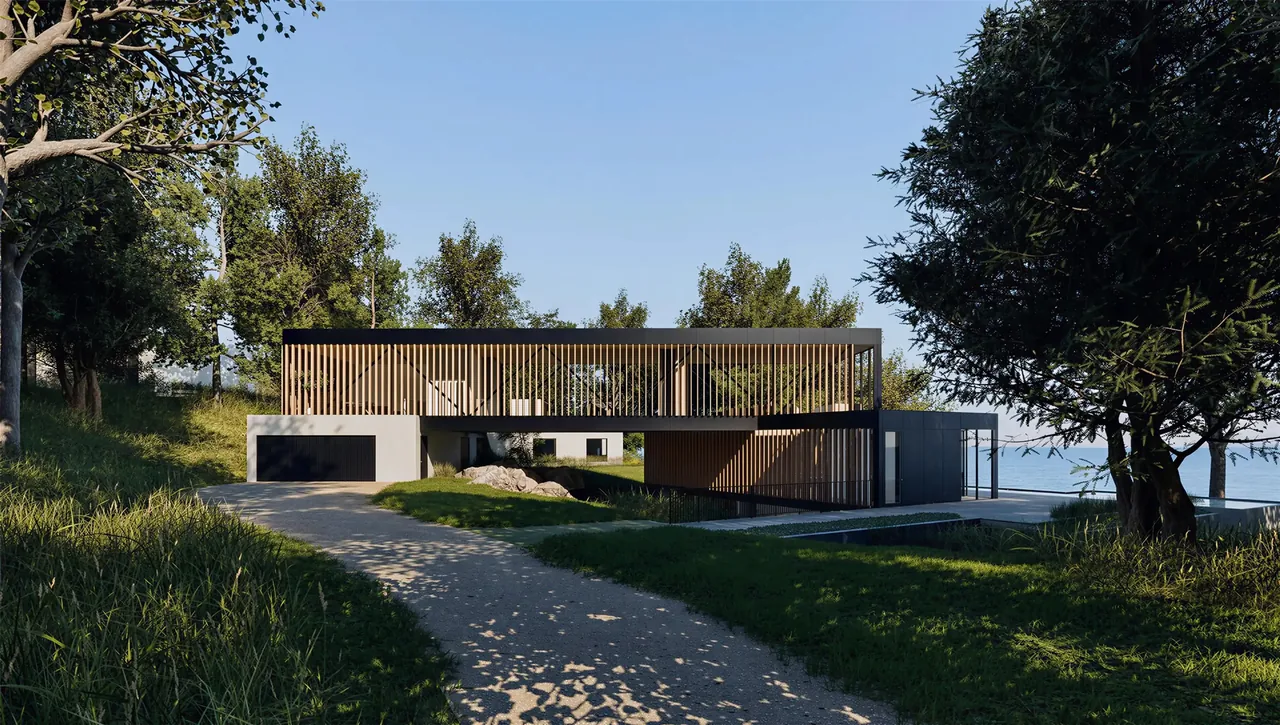 Exterior view of a modern lakeside house with a flat roof and wood slat facade overlooking the water.