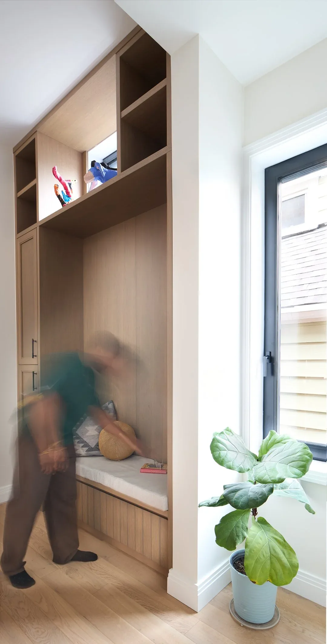 Built-in wooden bench seating with storage and open shelves near a black-framed window and a leafy potted plant.
