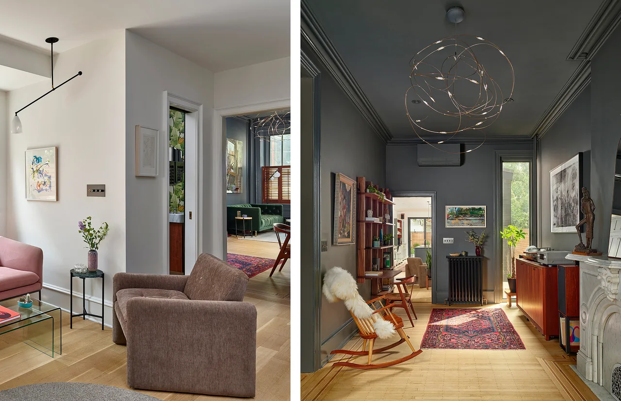 Interior views showing the transition between a light living area and a darker hallway with traditional and modern design elements.
