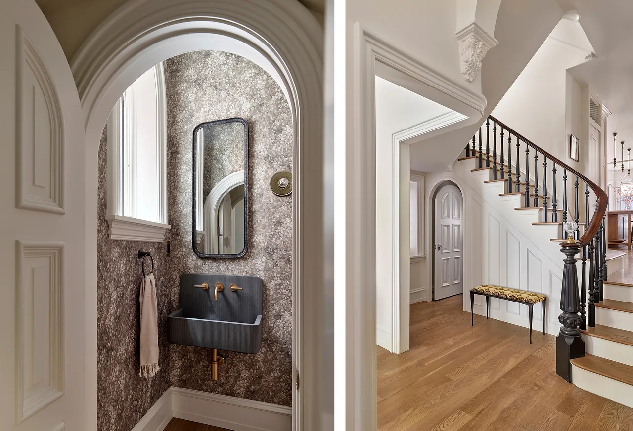 The Fitler Square Renovation features a curved staircase and a powder room with an arched window and decorative corbels.