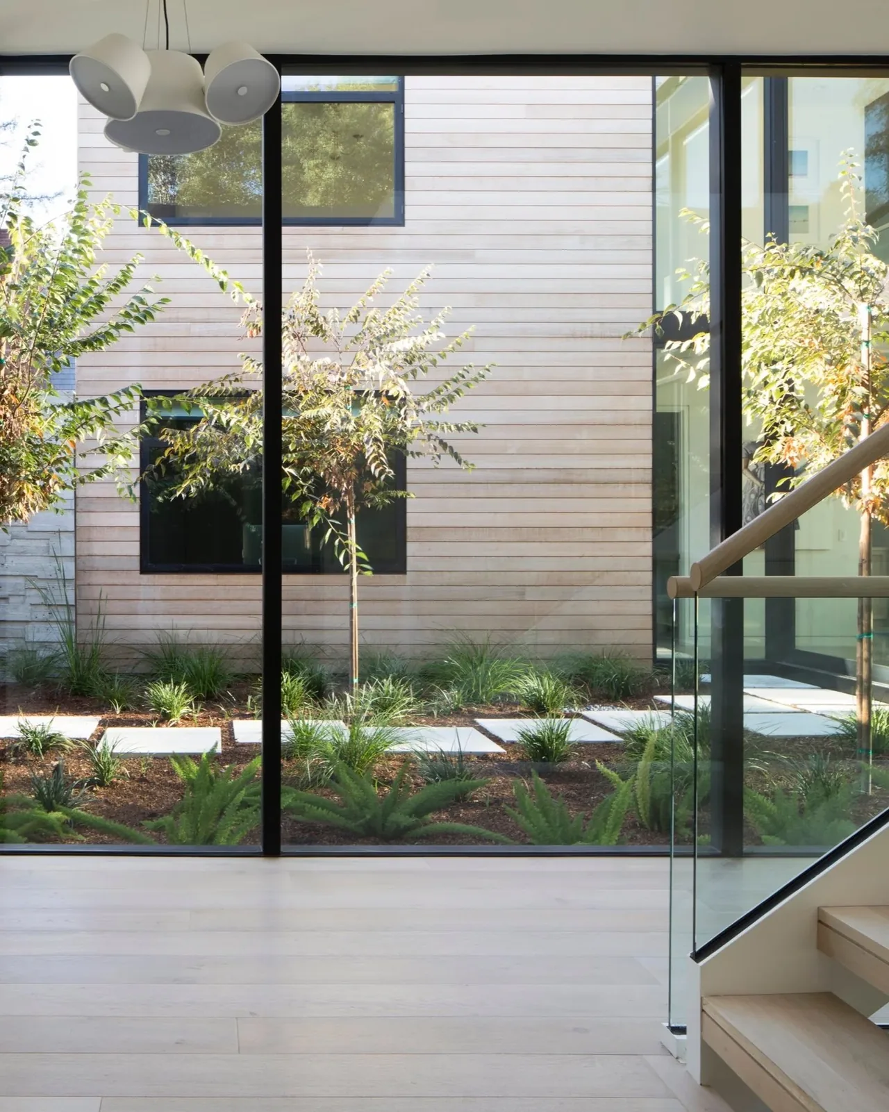 The Hermosa Residence courtyard features floor-to-ceiling glazing and horizontal wood siding exterior walls.