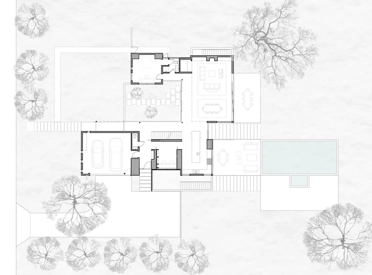 Floor plan of Hermosa Residence highlighting main living areas, garage, patio, and pool layout.