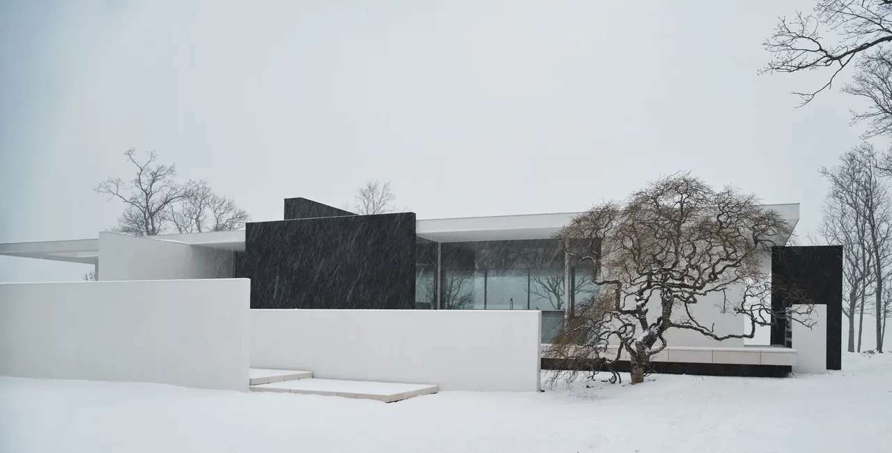 The LIGHTHOUSE & TREEHOUSE project features a modern home with flat roof, white and black walls, and large windows, surrounded by snow and a twisted tree.