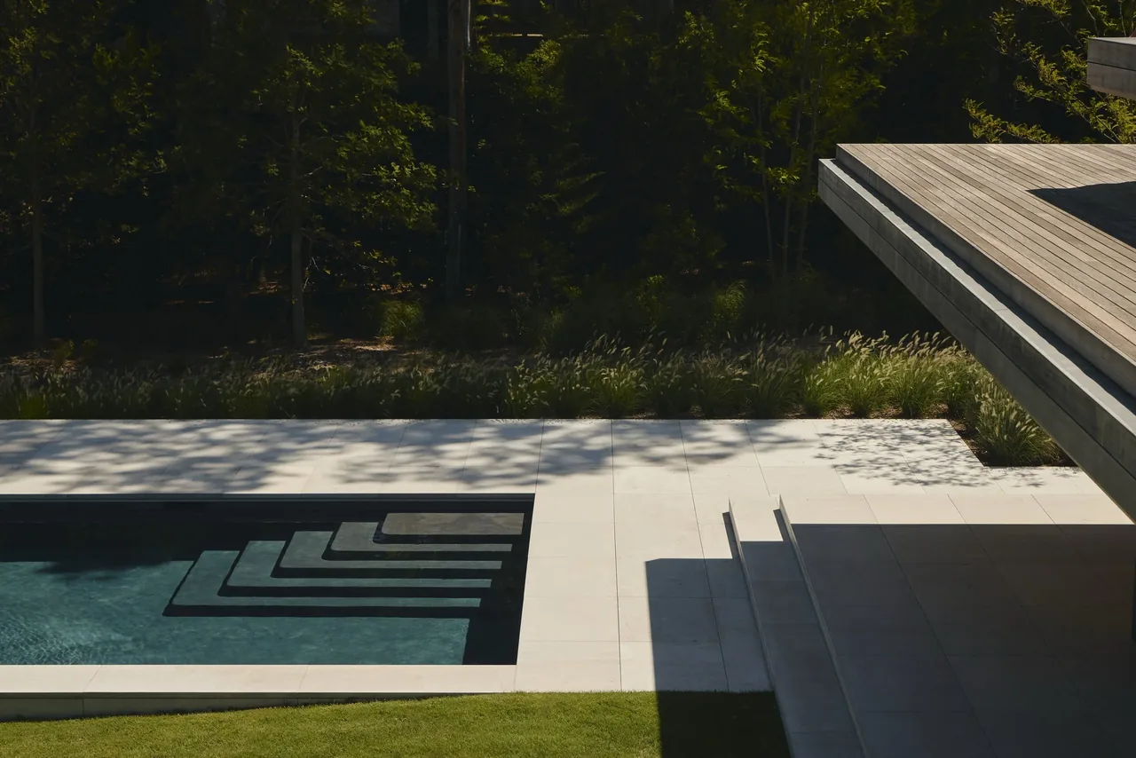 The FOREST EDGE project features a minimalist outdoor pool with geometric steps and a wood deck integration.
